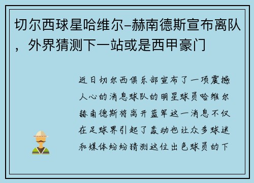 切尔西球星哈维尔-赫南德斯宣布离队，外界猜测下一站或是西甲豪门