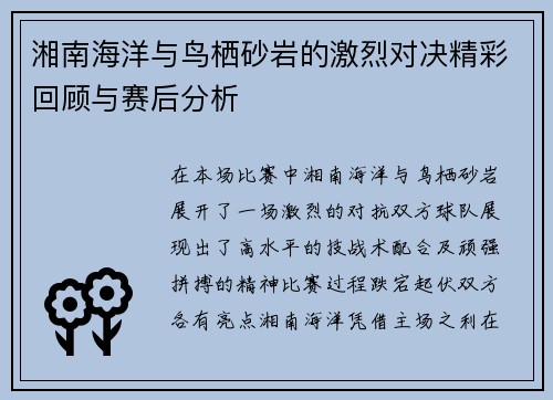 湘南海洋与鸟栖砂岩的激烈对决精彩回顾与赛后分析